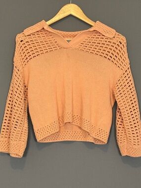 Rachel Zoe Open Knit Collared Crop Crochet Sweater Peach Cotton Size S Boho